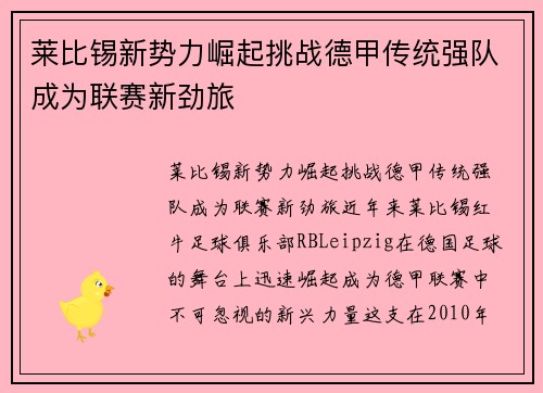 莱比锡新势力崛起挑战德甲传统强队成为联赛新劲旅